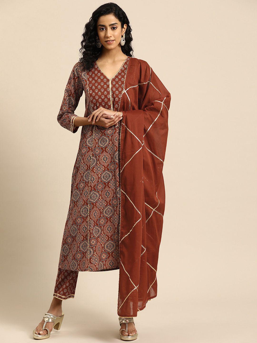 anayna women ethnic motifs printed regular gotta patti pure cotton kurta with trousers & with dupatta