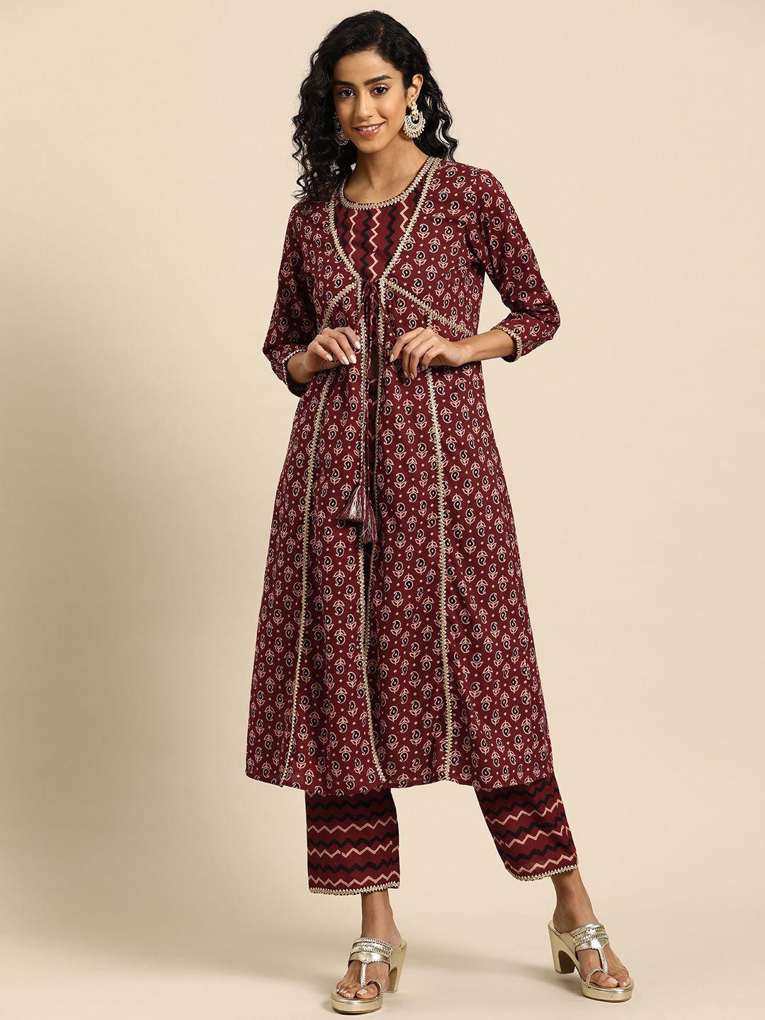 anayna women floral printed anarkali gotta patti pure cotton kurta with trousers