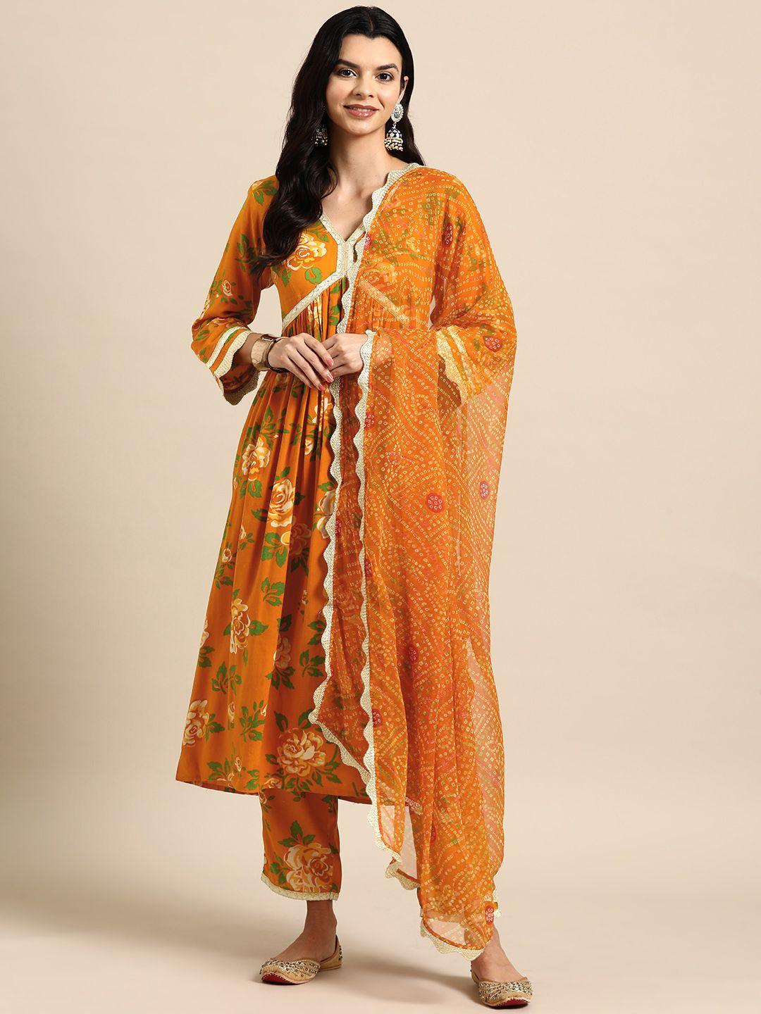 anayna women floral printed pleated gotta patti kurta with trousers & with dupatta