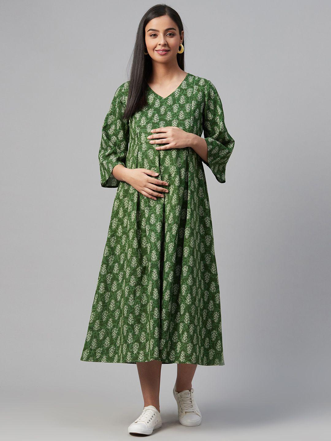 anayna women green & off-white printed maternity a-line dress