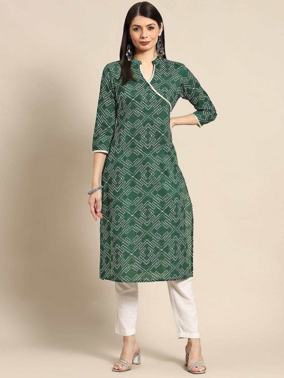 anayna women green & white bandhani printed pure cotton gotta patti kurta