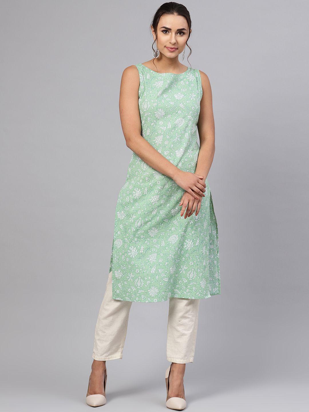 anayna women green & white floral printed straight kurta