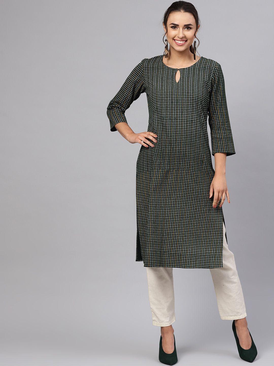 anayna women green checked straight kurta