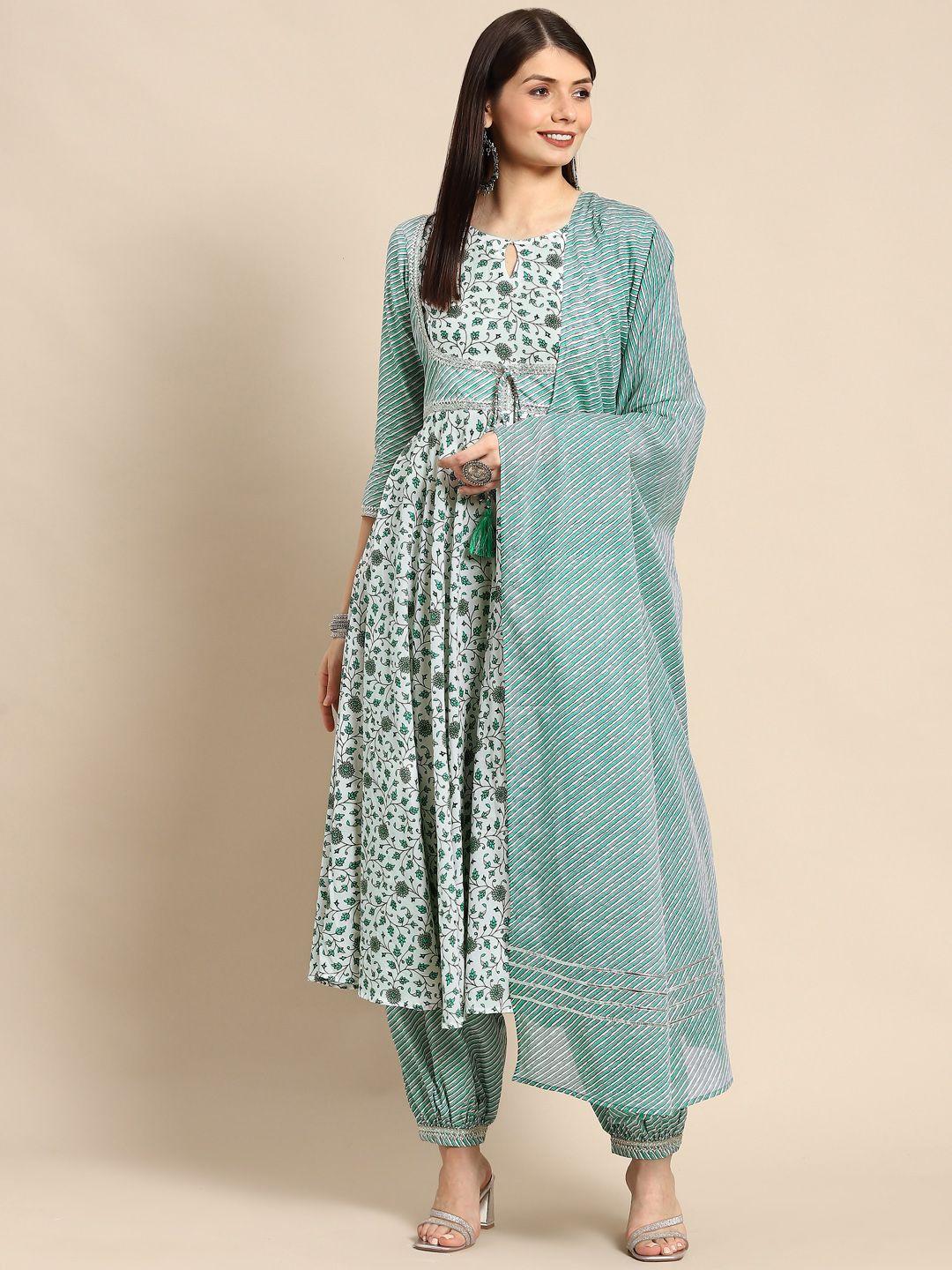 anayna women green ethnic motifs printed pure cotton kurta with salwar & dupatta