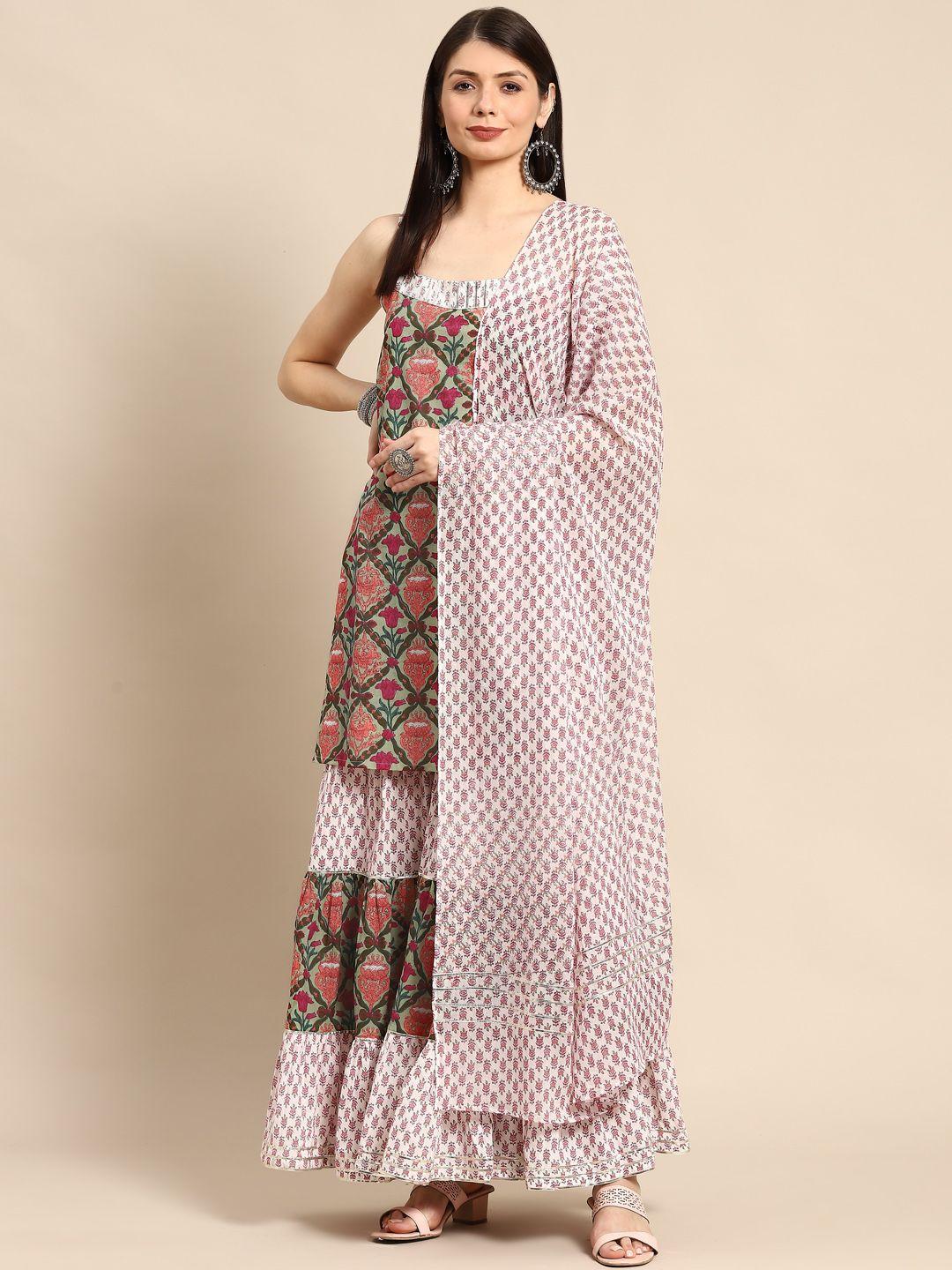 anayna women green ethnic motifs printed pure cotton kurta with sharara & with dupatta