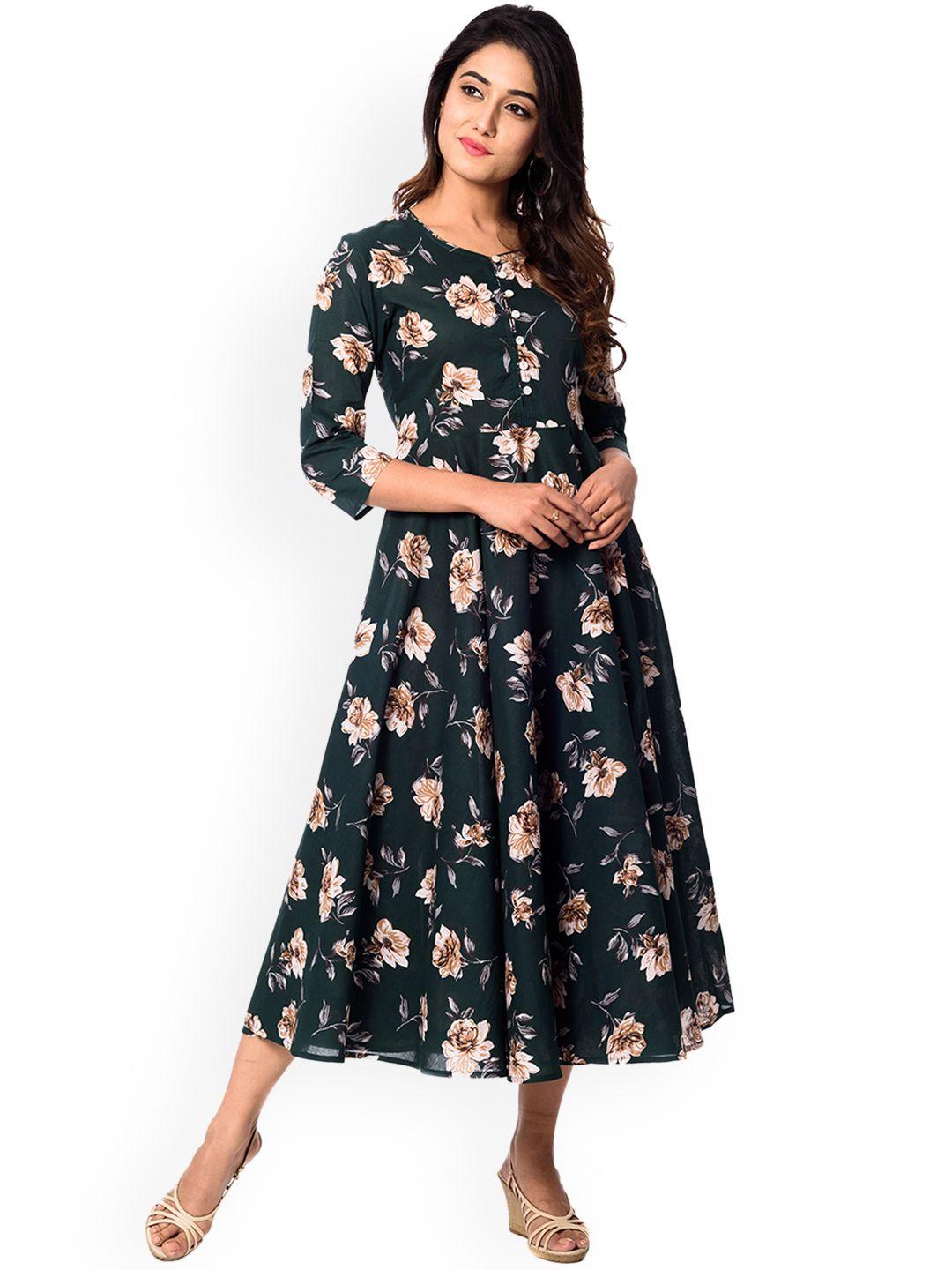 anayna women green printed fit and flare dress