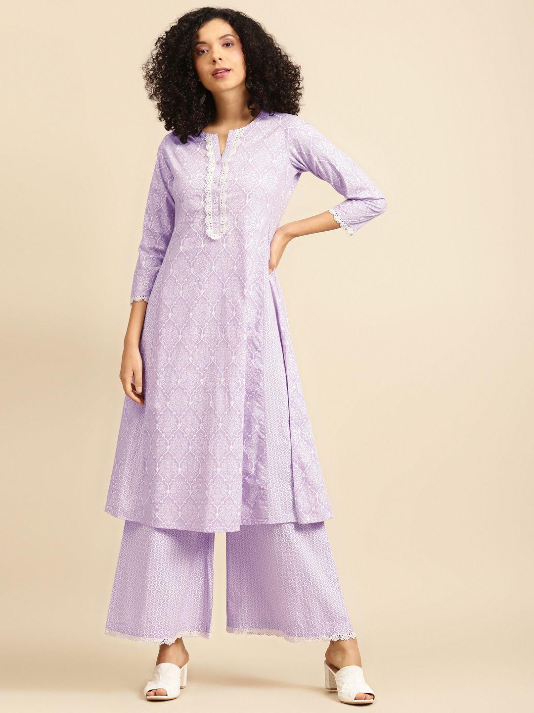 anayna women lavender & white printed kurta with palazzos