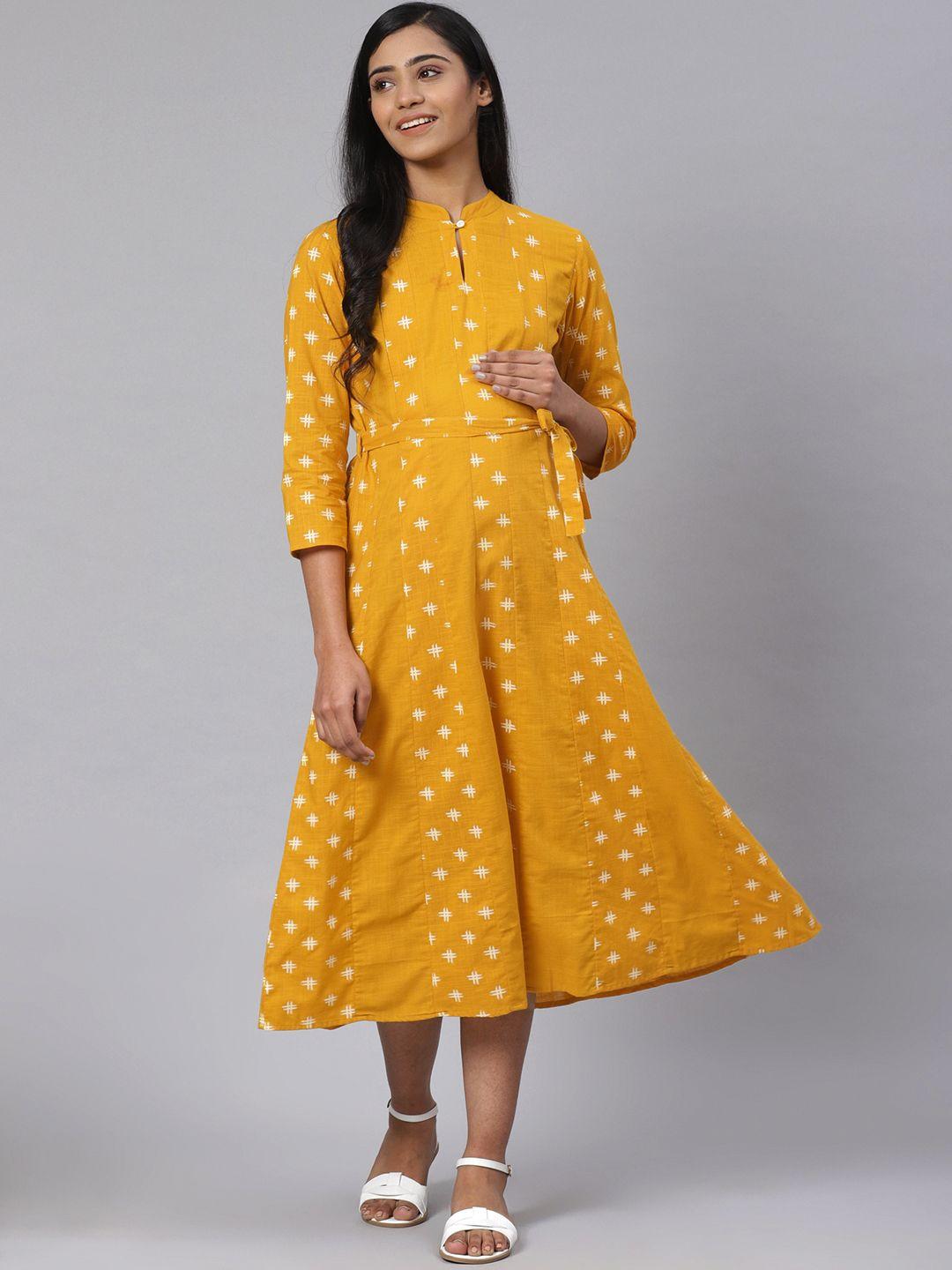 anayna women mustard yellow & off-white printed pure cotton maternity a-line dress