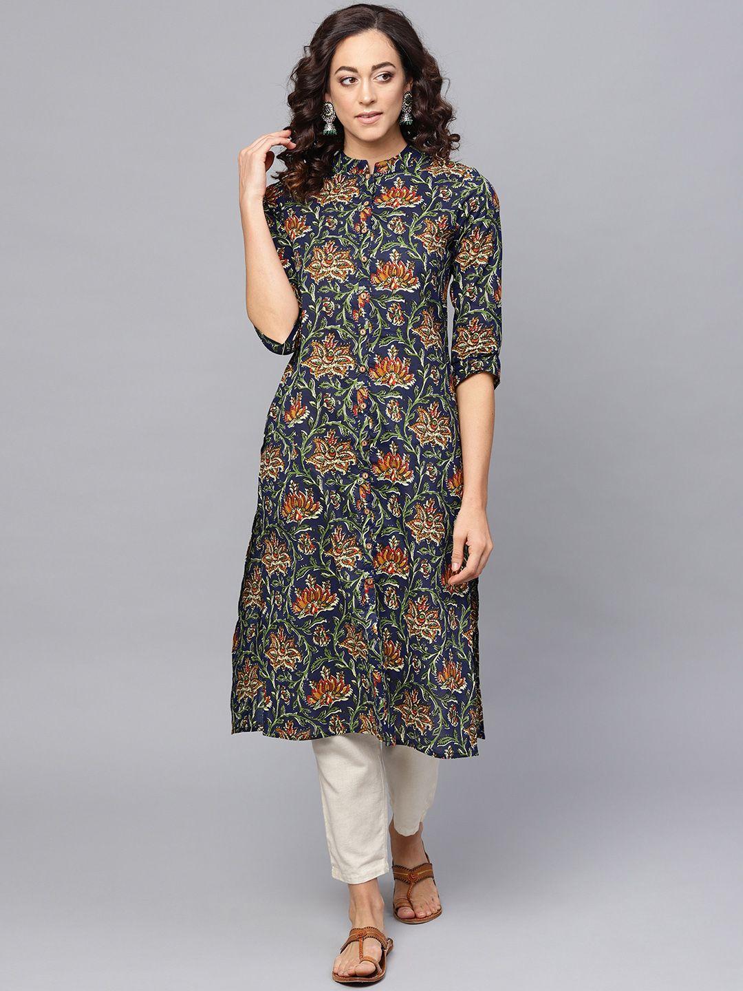 anayna women navy blue & green floral print straight kurta