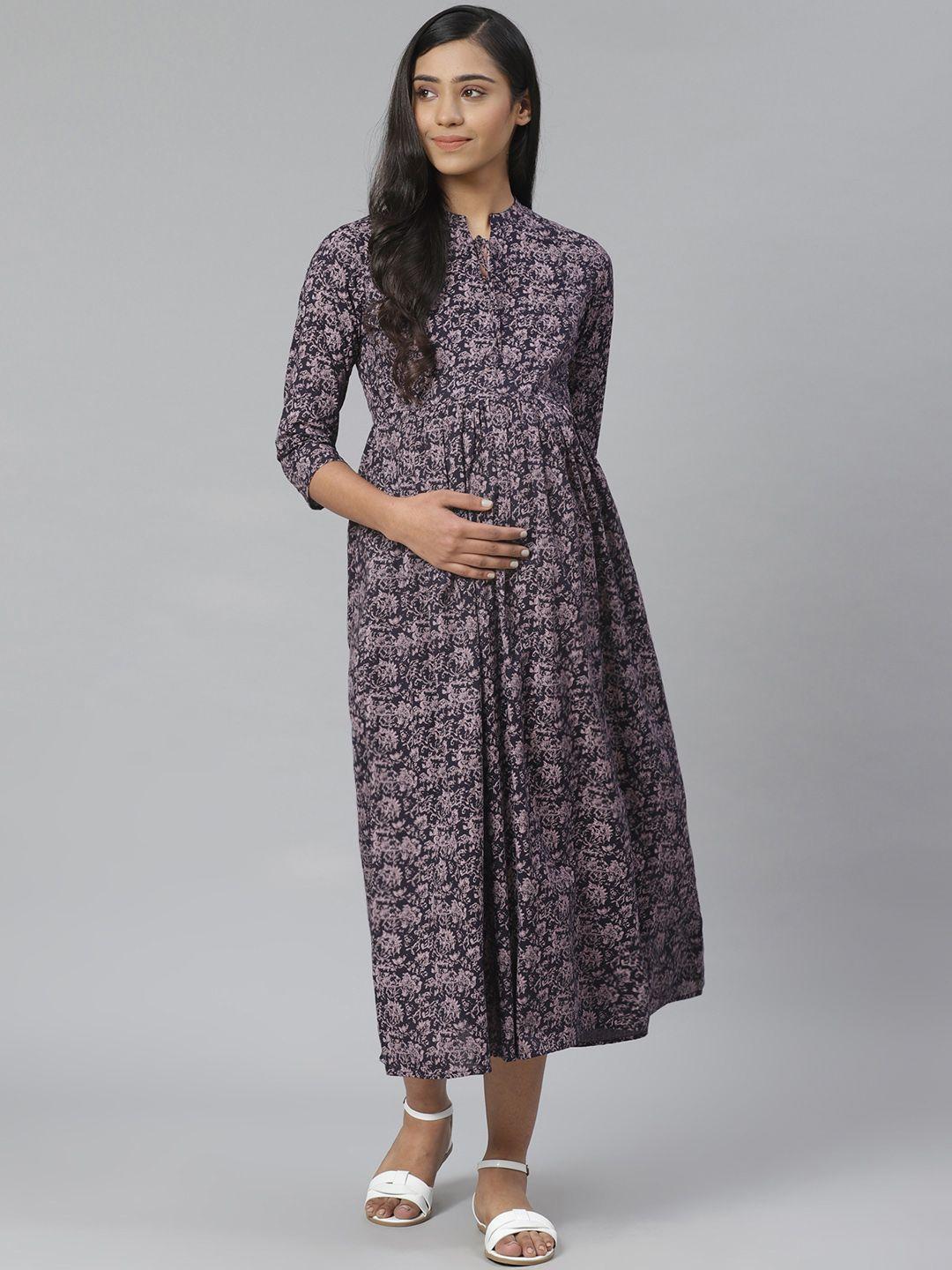 anayna women navy blue & pink printed pure cotton maternity a-line dress