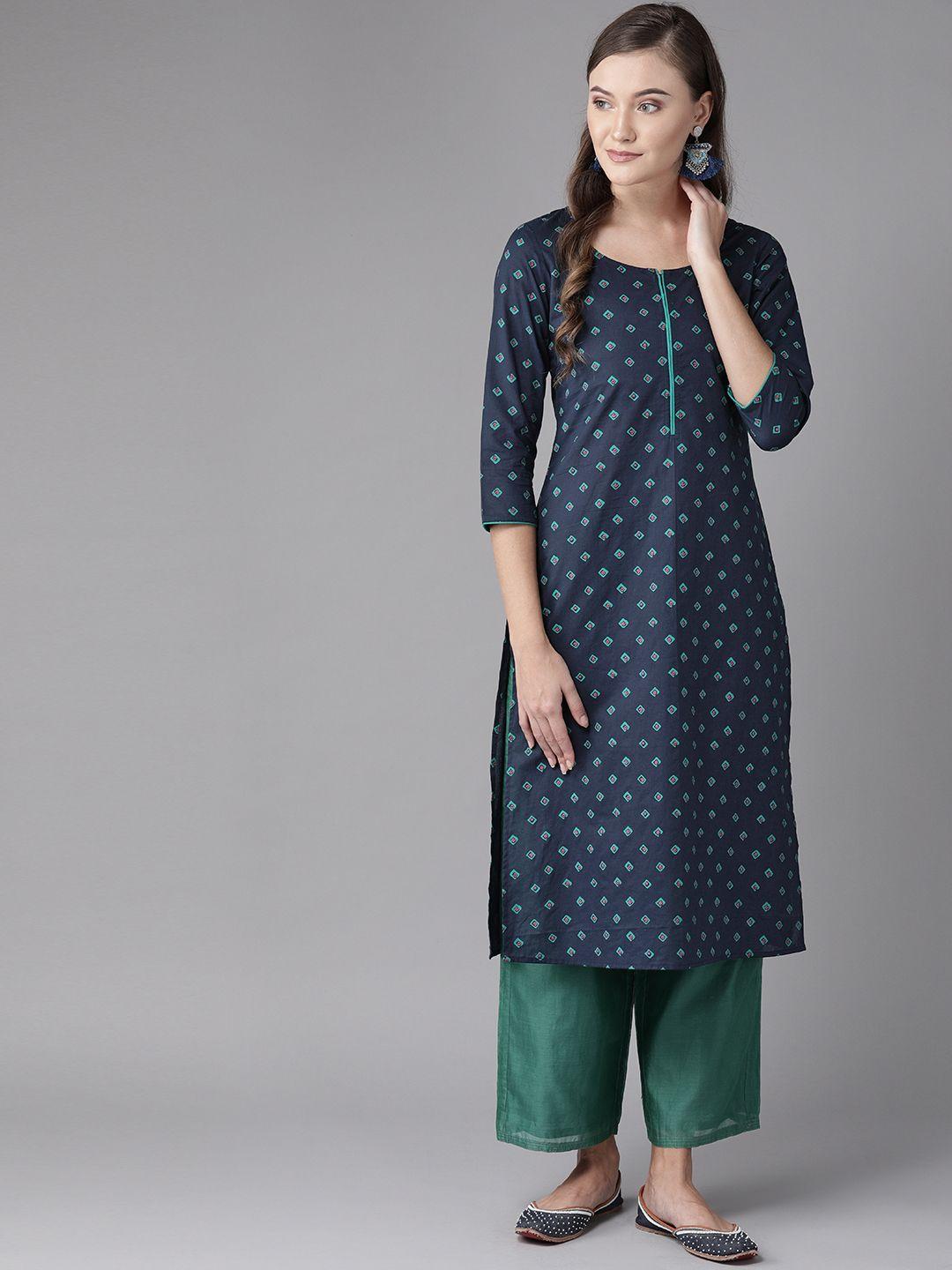 anayna women navy blue & pink printed straight kurta