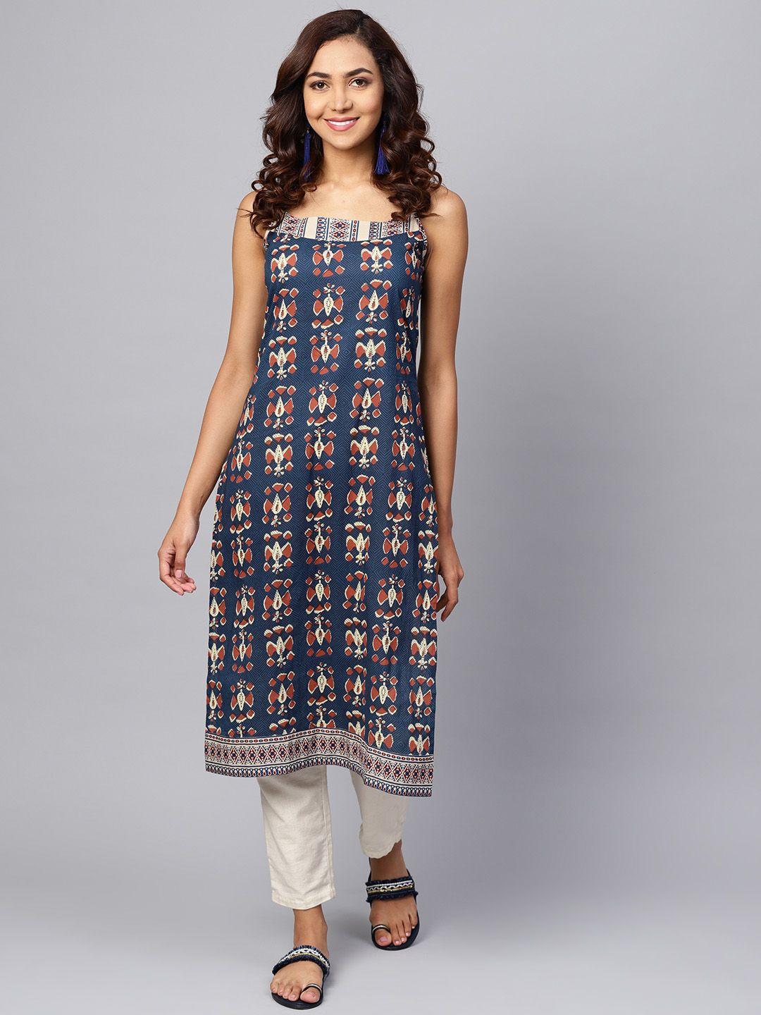 anayna women navy blue & rust orange printed straight kurta