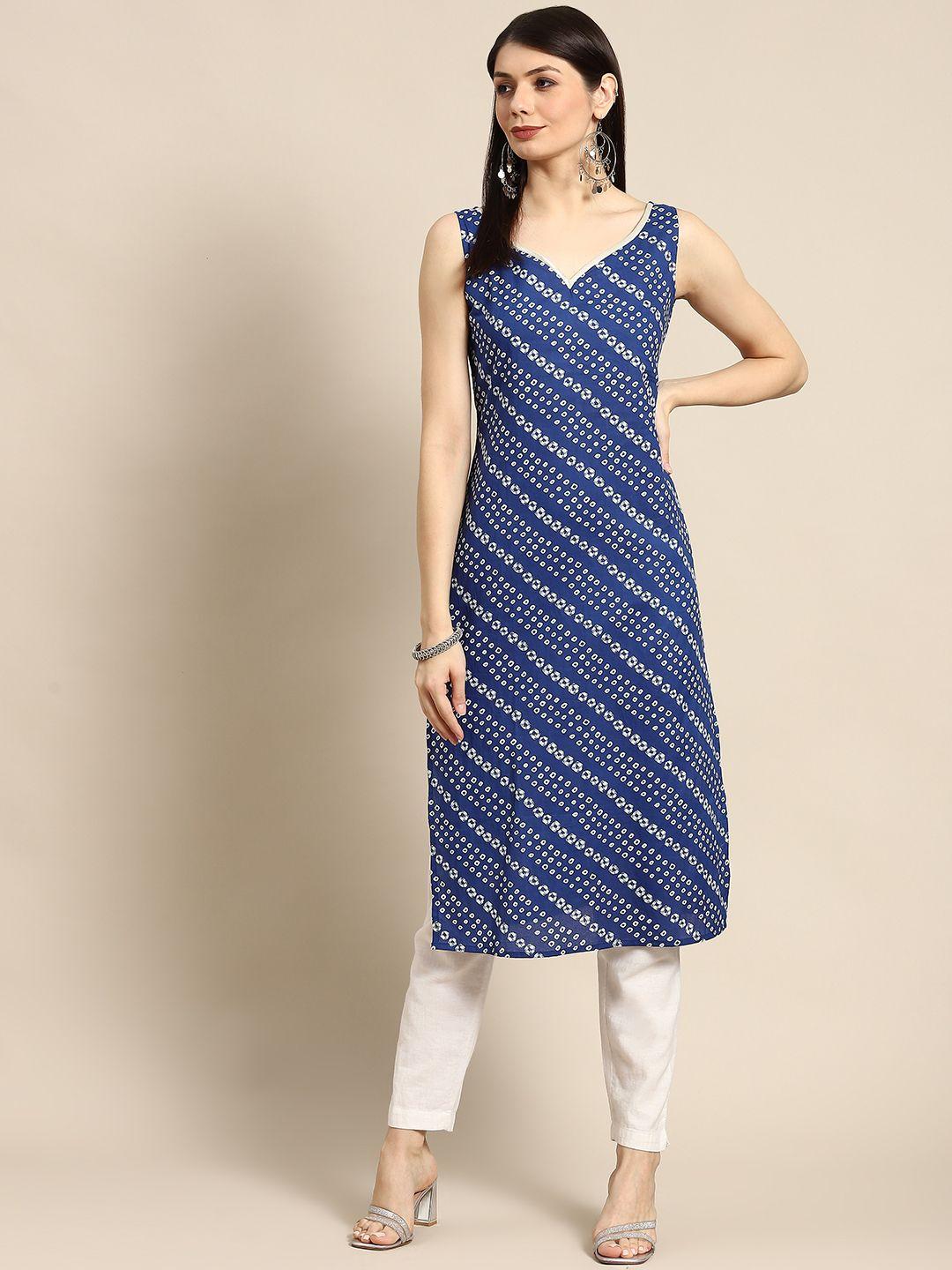 anayna women navy blue & white bandhani printed pure cotton gotta patti kurta