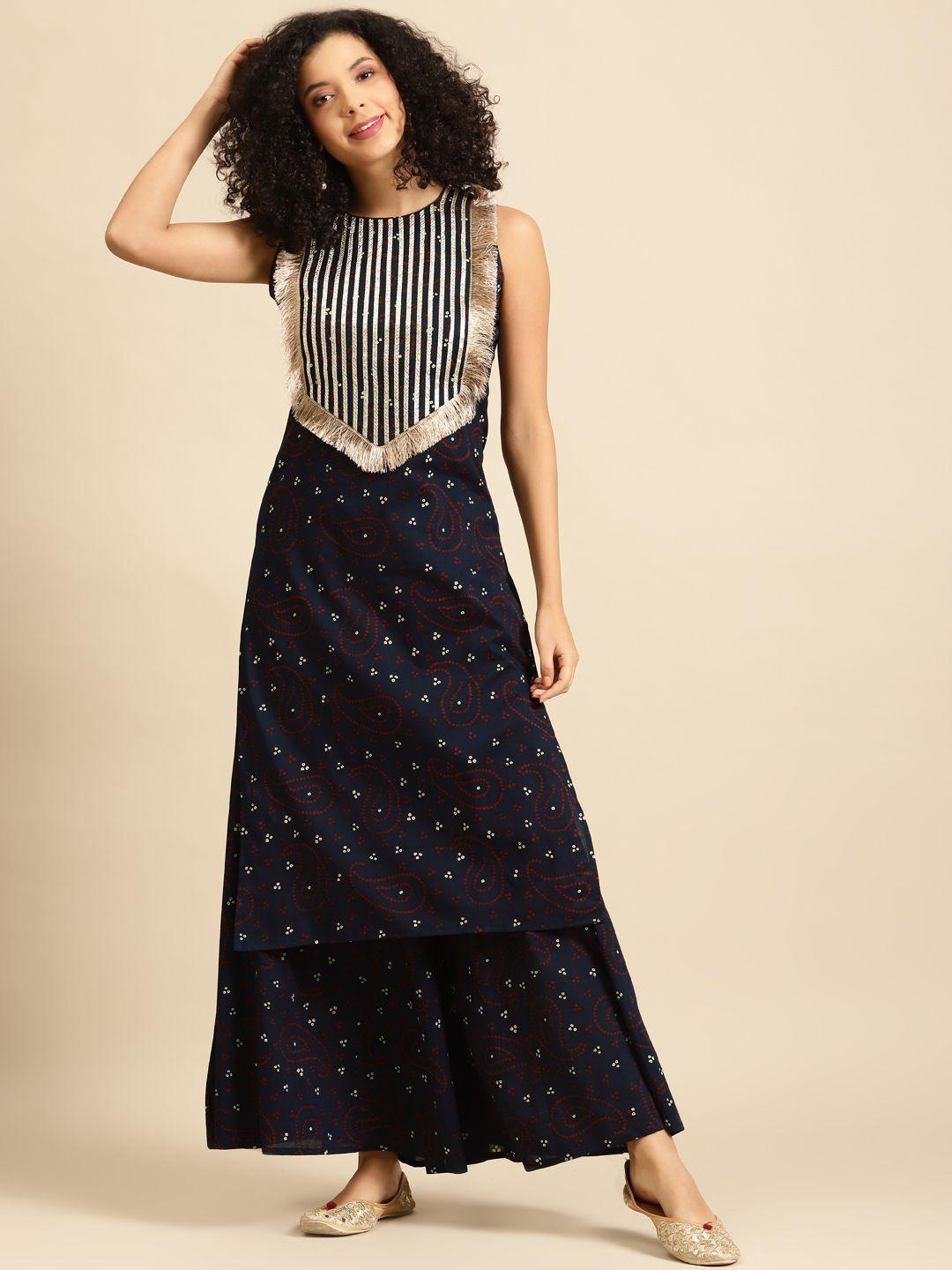 anayna women navy blue & white printed kurta with palazzos