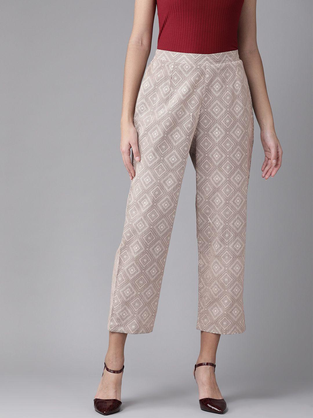 anayna women off-white & brown printed cropped trousers