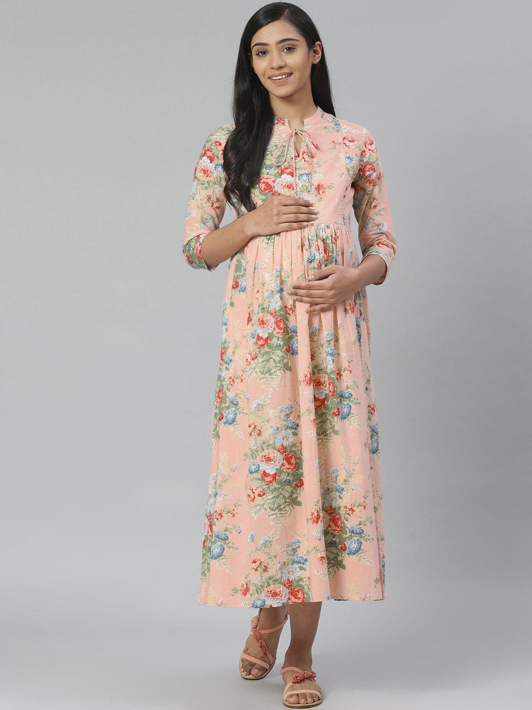 anayna women pink & green floral printed pure cotton maternity a-line dress
