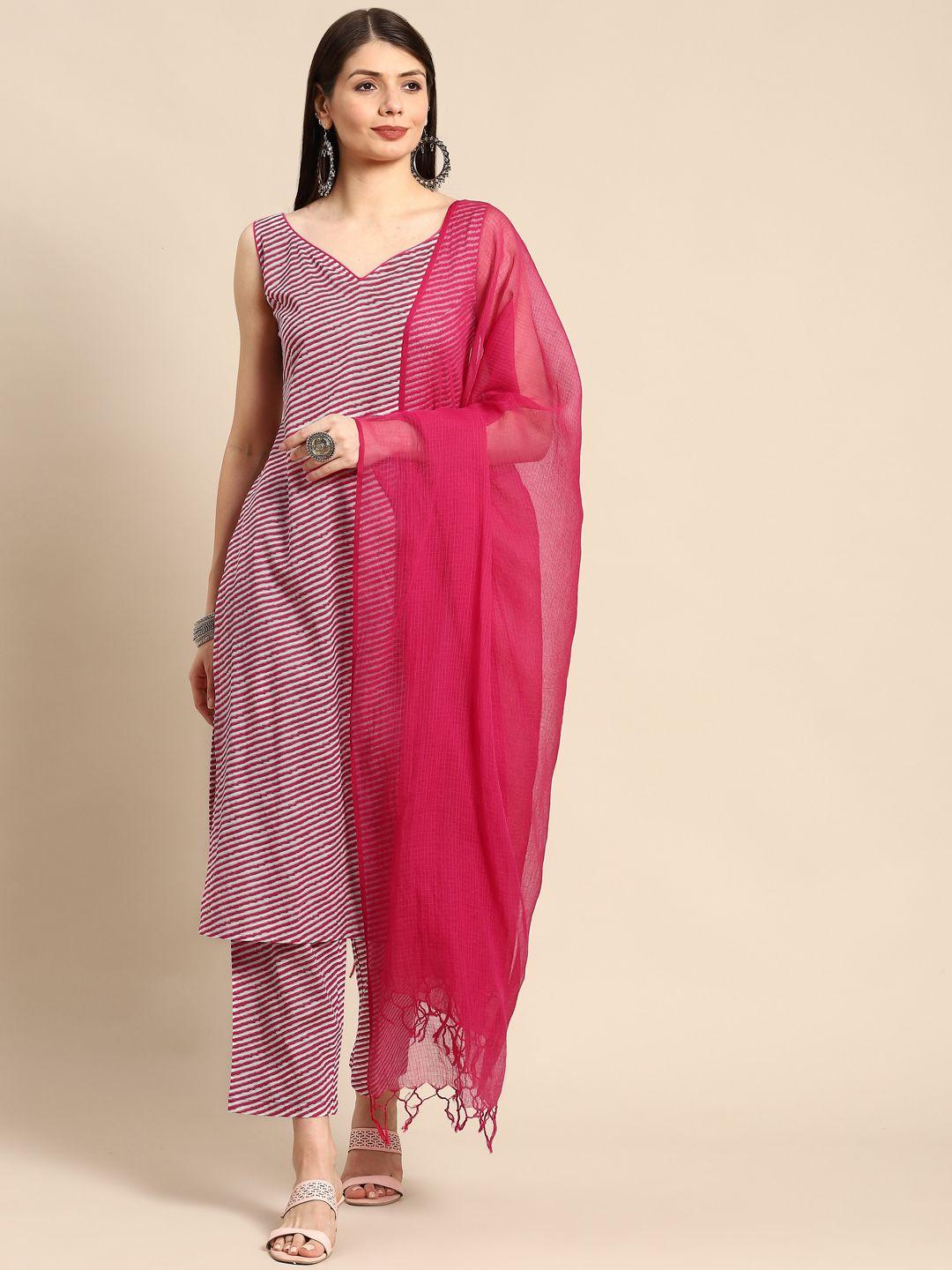 anayna women pink & white leheriya printed pure cotton kurta with trousers & dupatta