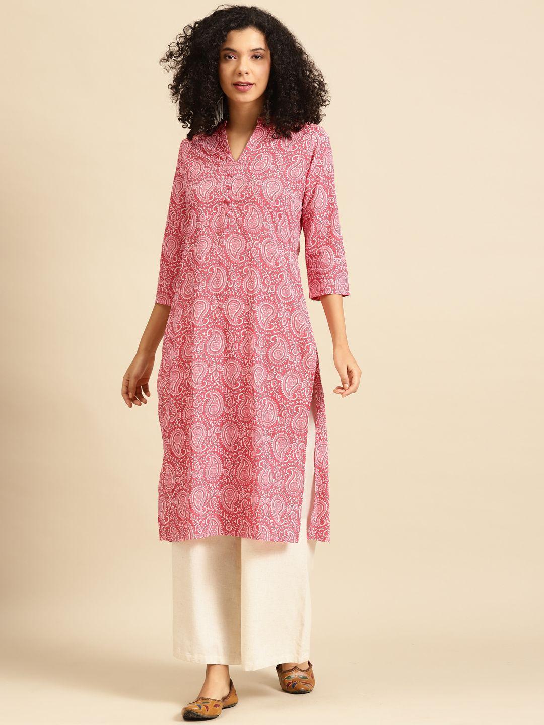 anayna women pink & white paisley screen print cotton kurta