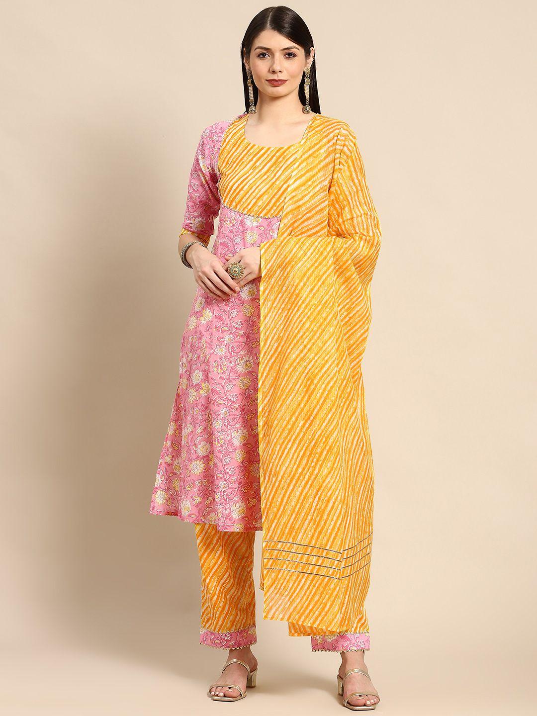 anayna women pink ethnic motifs printed pure cotton kurta with trousers & dupatta