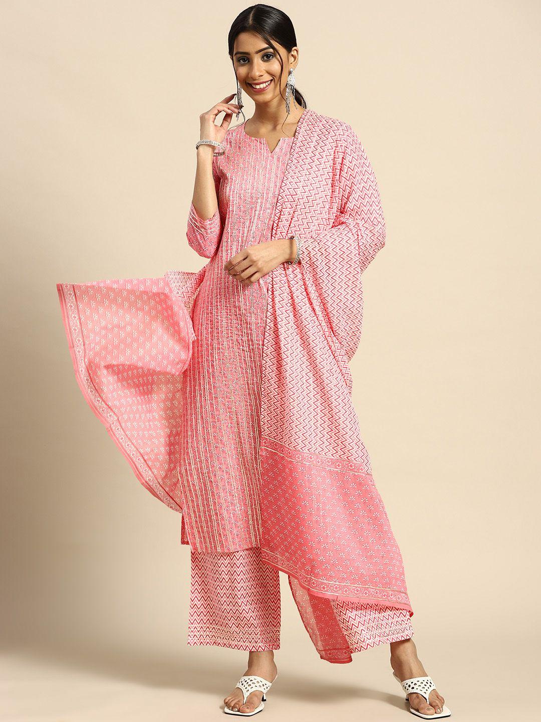 anayna women pink floral striped gotta patti pure cotton kurta with palazzos & with dupatta