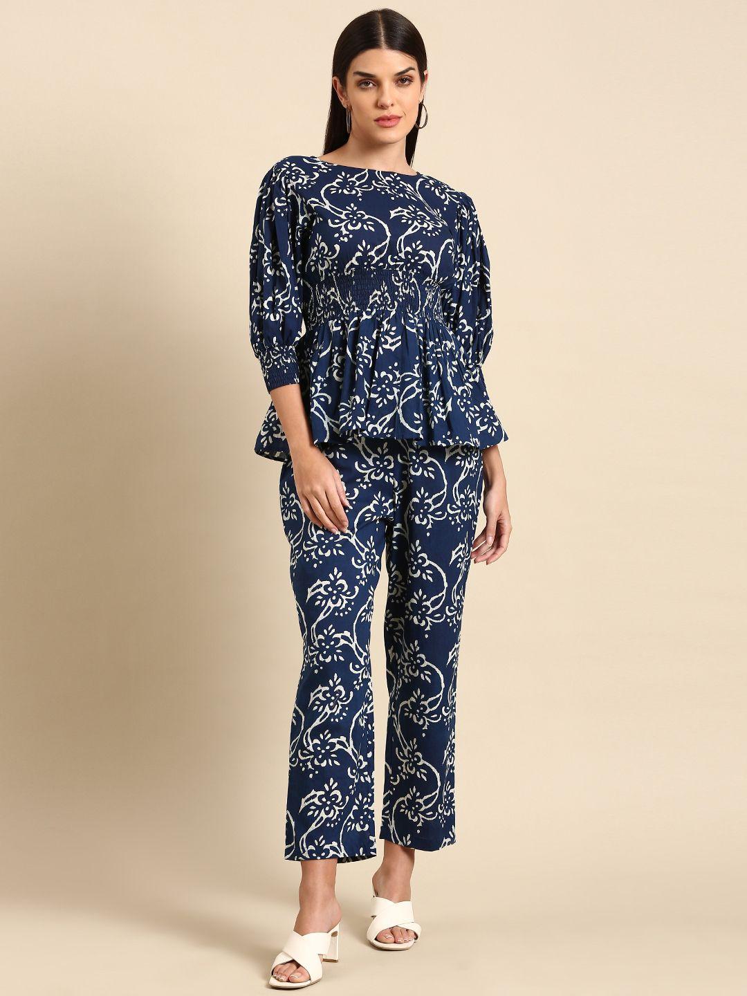 anayna women pure cotton printed top with trousers