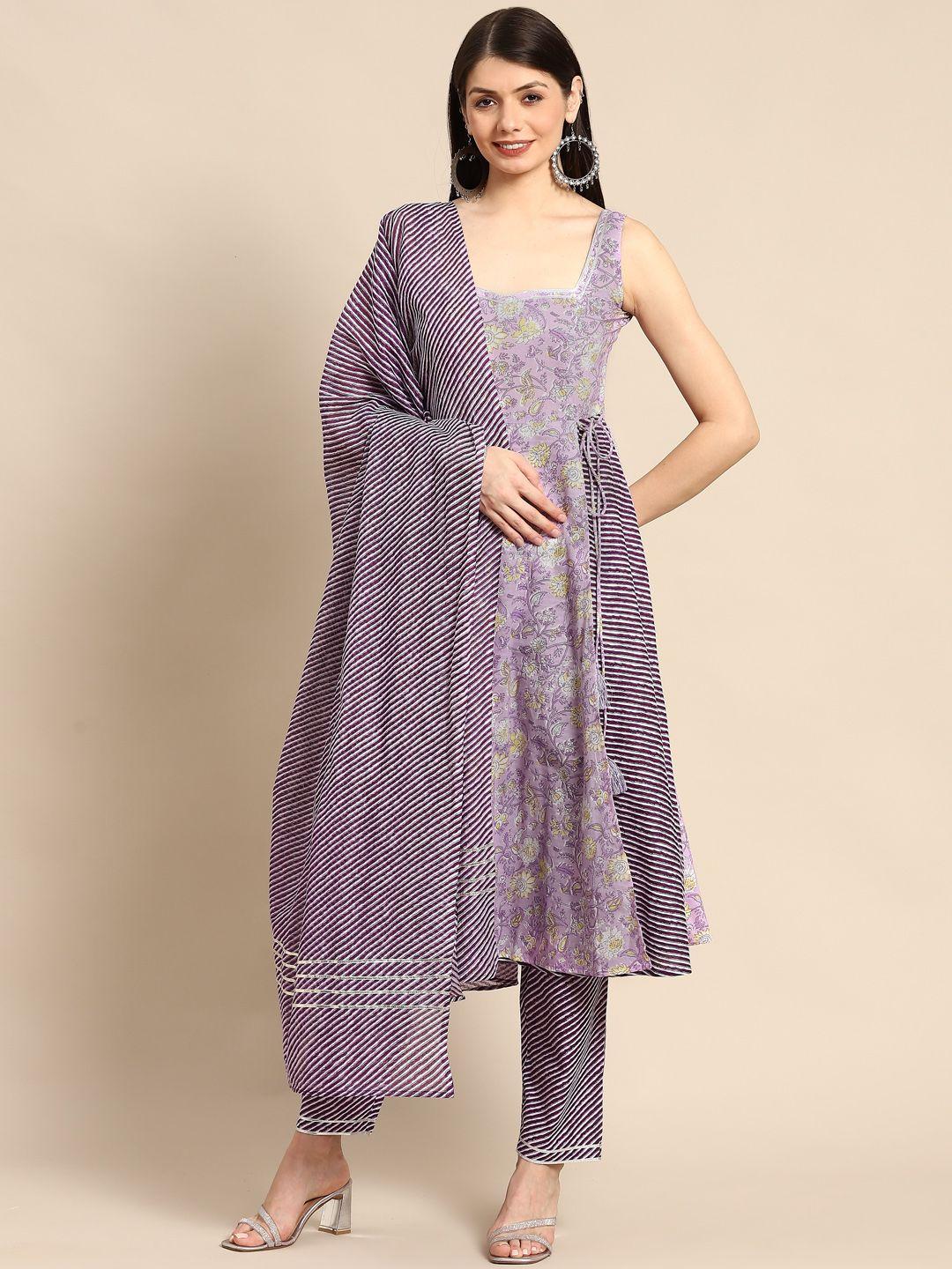 anayna women purple ethnic motifs printed pure cotton kurta with trousers & dupatta