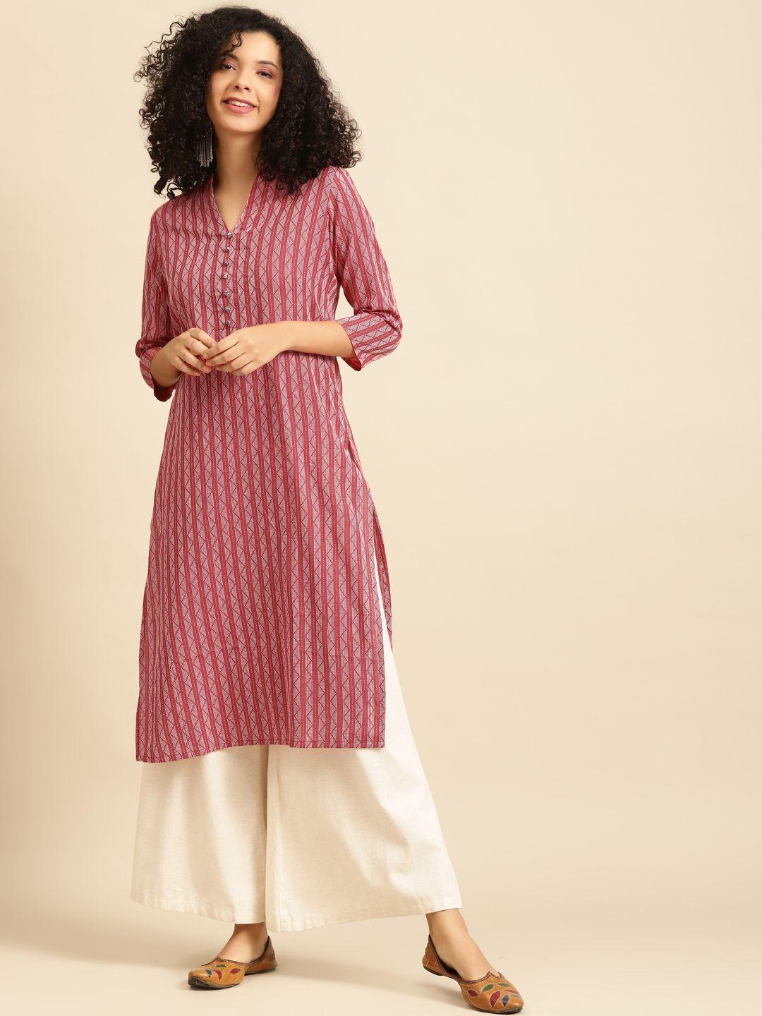 anayna women red & white striped kurta