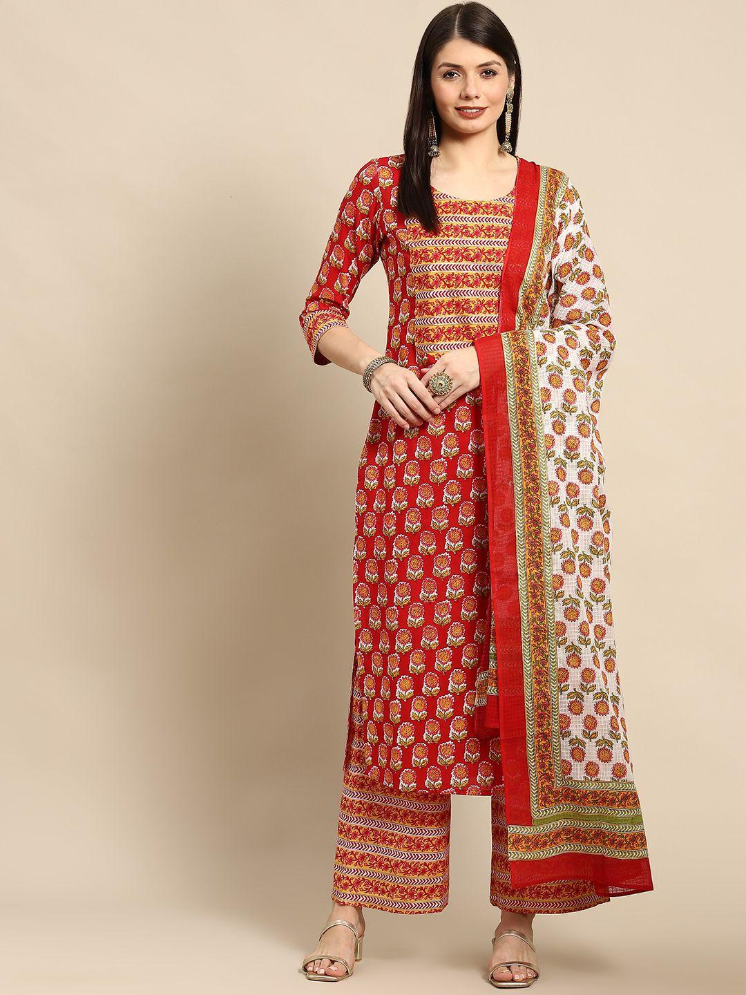 anayna women red ethnic motifs printed pure cotton kurta with trousers & dupatta
