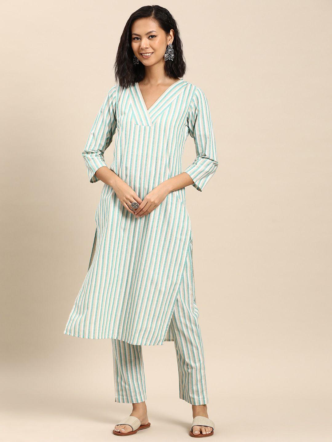 anayna women striped regular pure cotton kurta with trousers