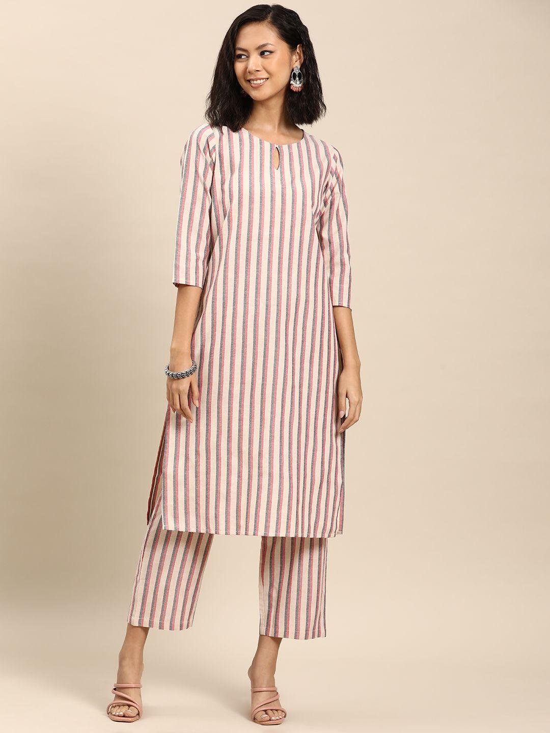 anayna women striped regular pure cotton kurta with trousers