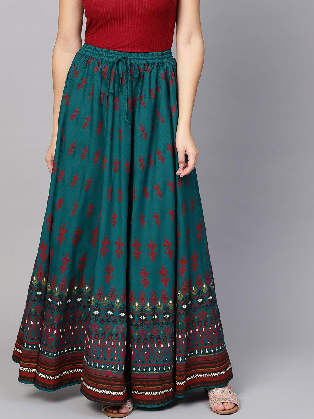 anayna women teal blue & red printed flared maxi skirt