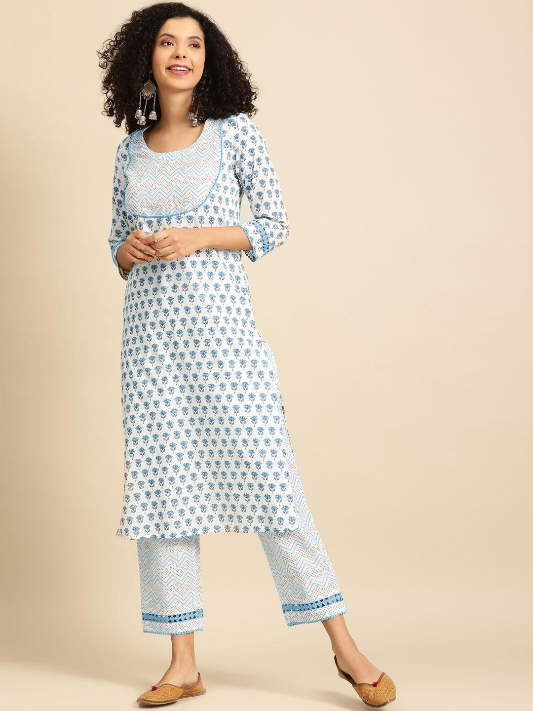 anayna women white & blue printed kurta with trousers