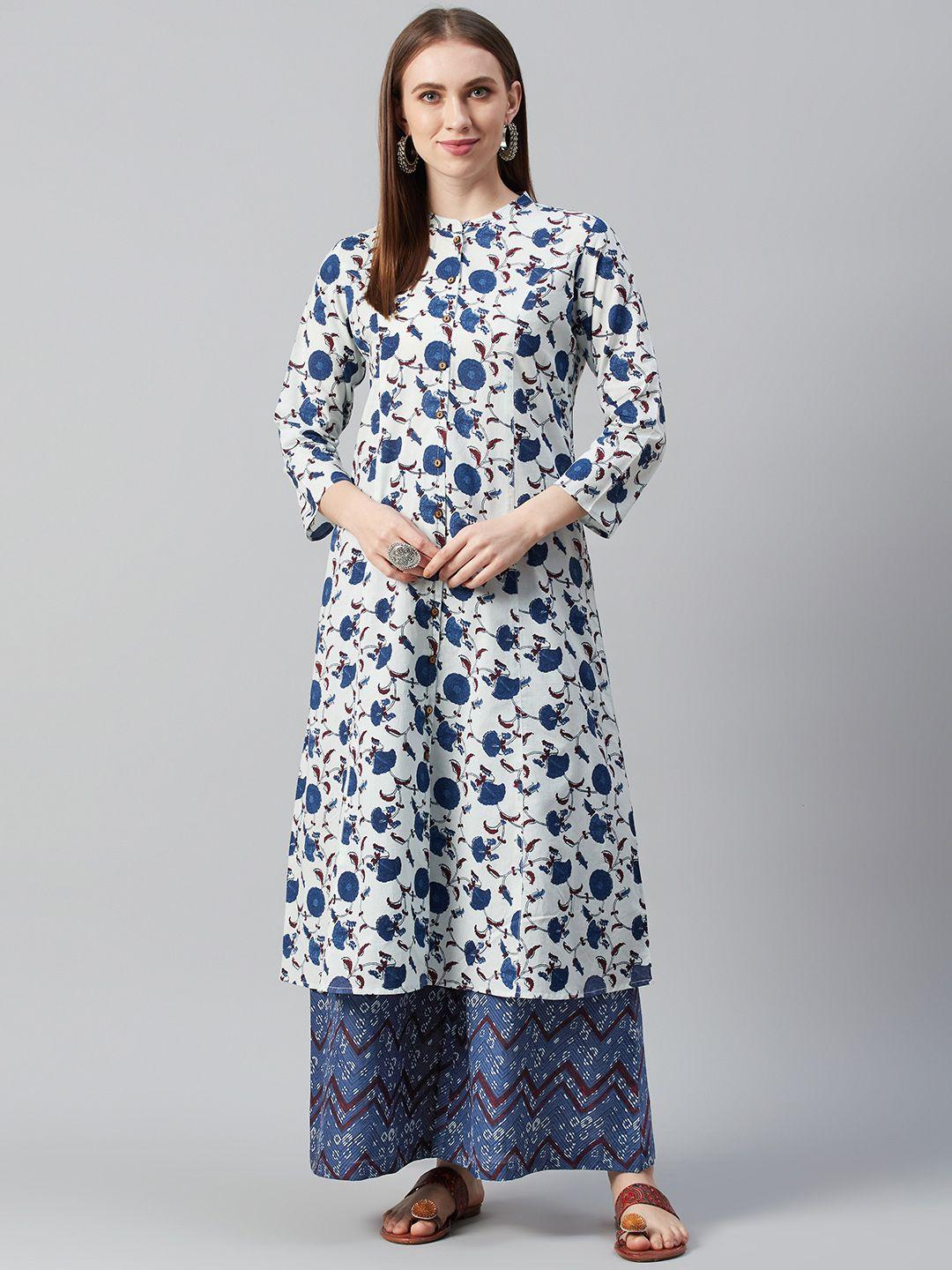 anayna women white & navy blue printed kurta with palazzos