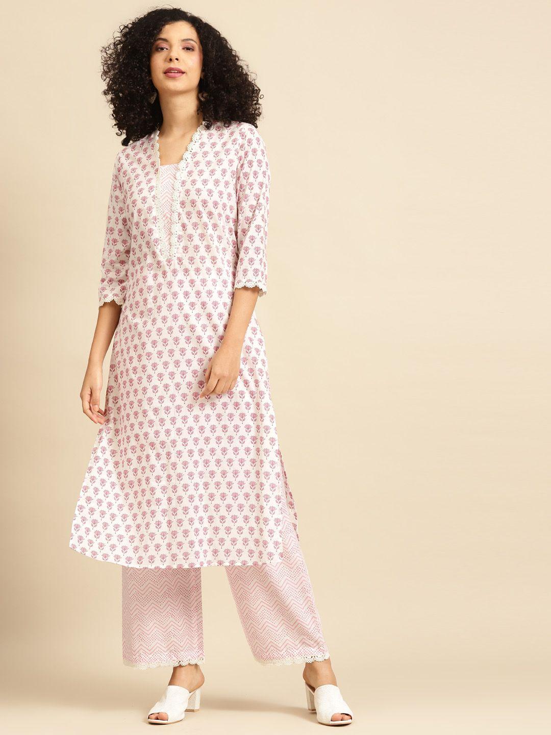 anayna women white & pink printed kurta with palazzos