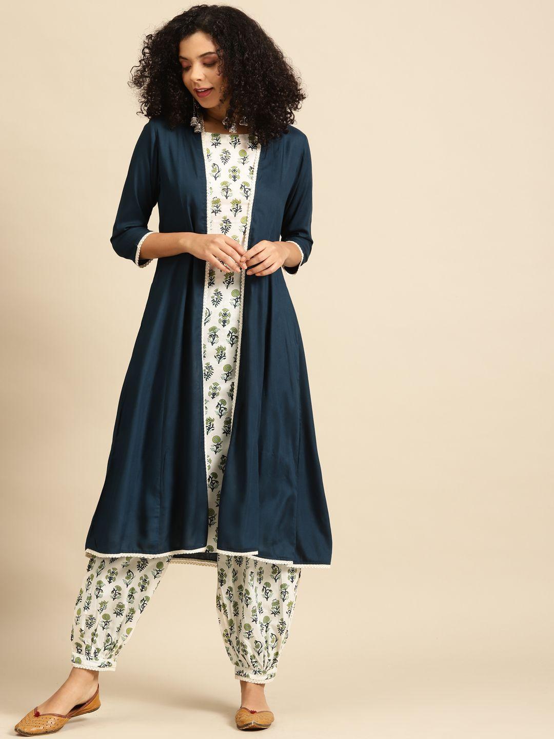 anayna women white & teal blue printed layered kurta with salwar