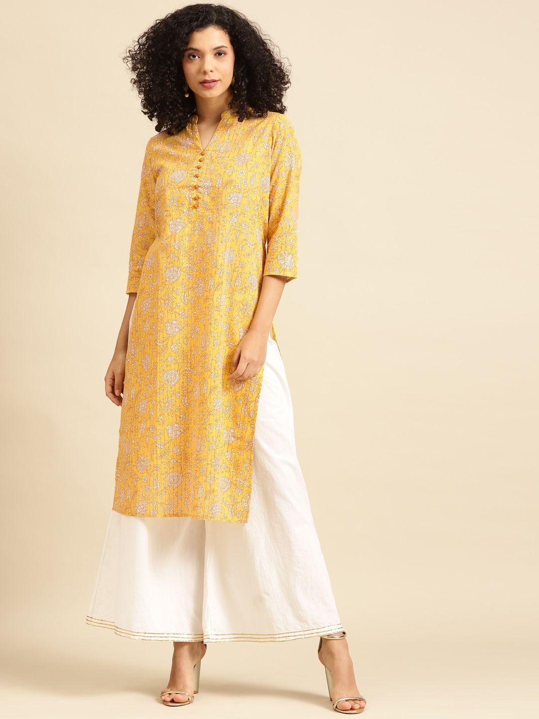 anayna women yellow & white ethnic motifs printed kurta