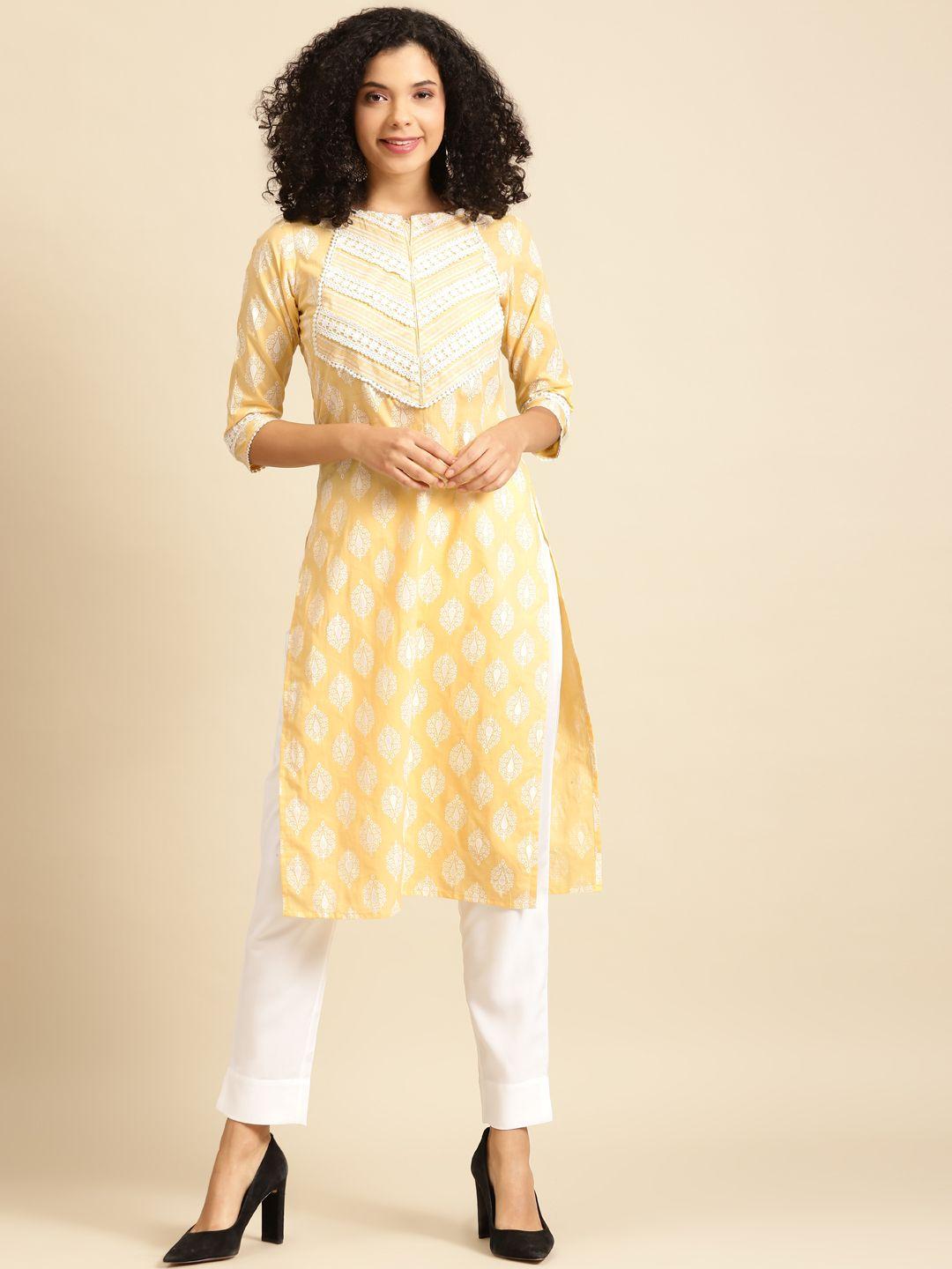 anayna women yellow & white ethnic motifs screen print cotton pastel kurta