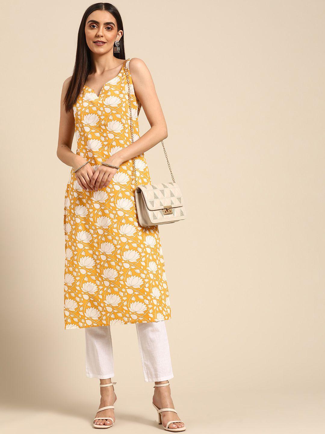 anayna women yellow & white pure cotton floral printed floral kurta