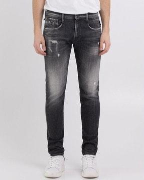 anbass aged wash mid-rise slim fit jeans