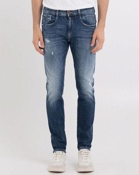 anbass aged wash mid-rise slim fit jeans
