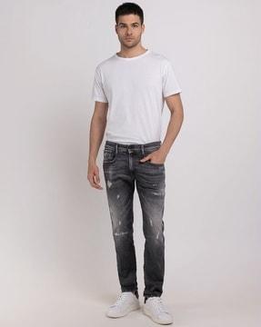 anbass aged wash mid-rise slim fit jeans