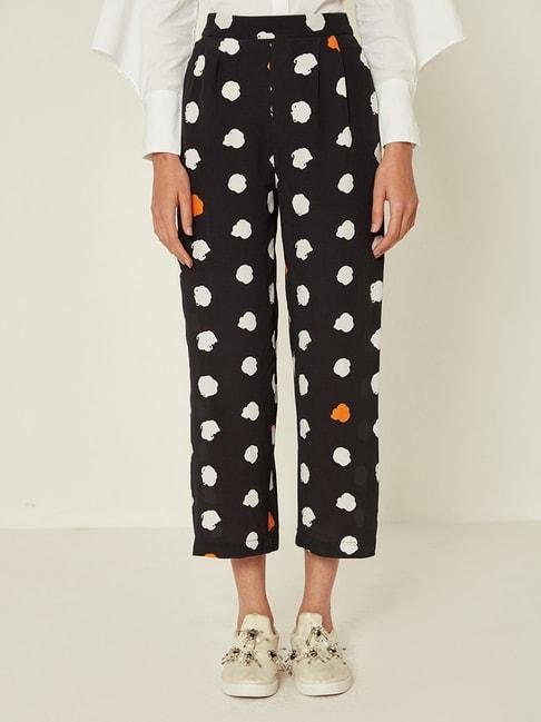 ancestry black printed regular fit high rise trousers