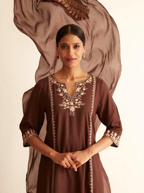 ancestry brown embroidered dupatta