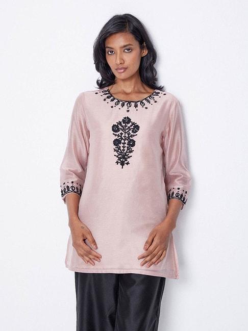 ancestry dusty pink chanderi embroidered a line kurti