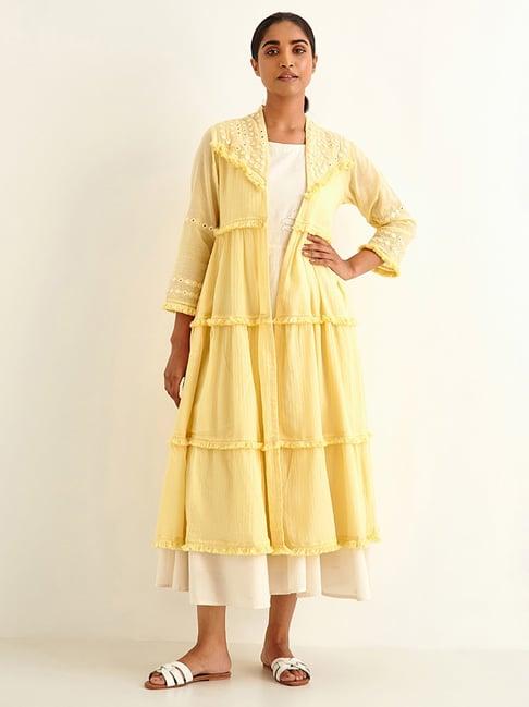 ancestry light yellow embroidered long shrug