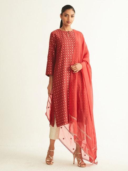 ancestry red embroidered dupatta