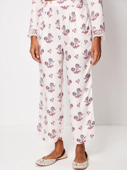 ancestry white modal floral print regular fit high rise trousers