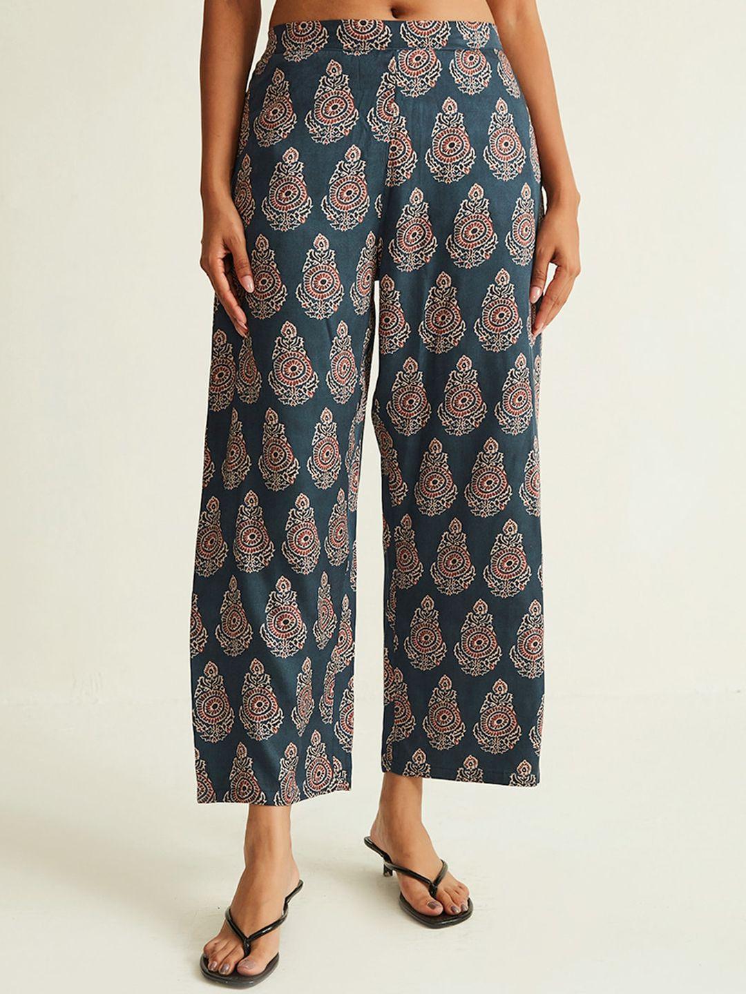 ancestry women blue floral printed straight fit trousers