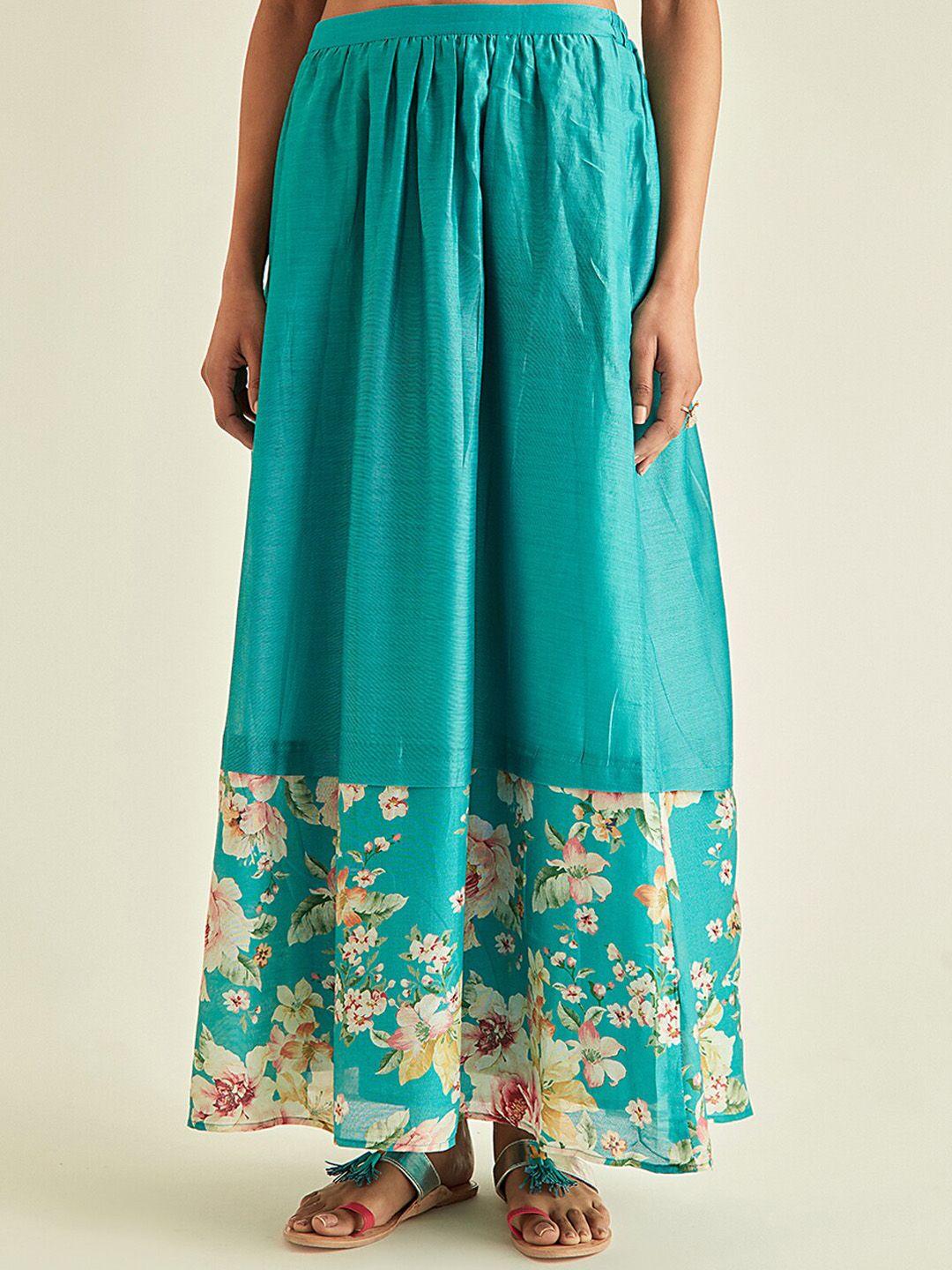 ancestry-women-turquoise-blue-floral-printed-flared-silk-blend-skirt