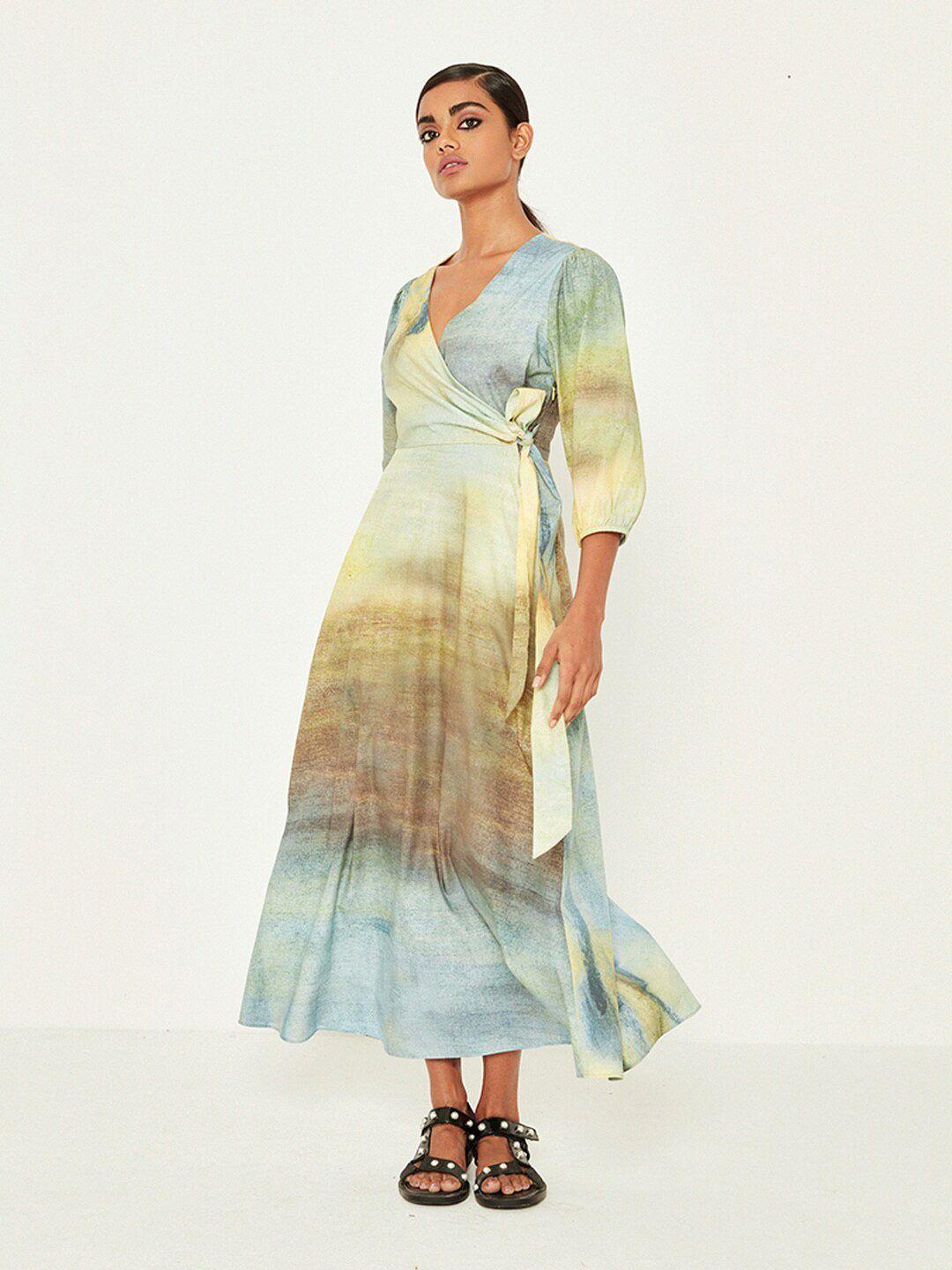 ancestry abstract printed linen wrap maxi dress